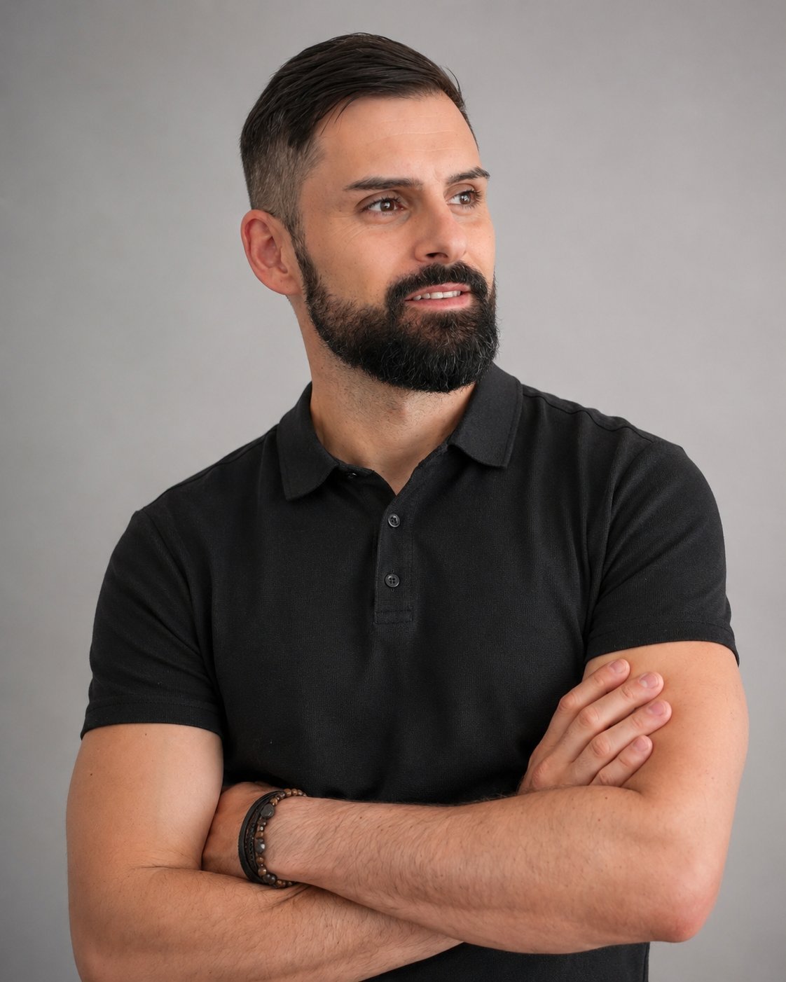 Man with dark beard wearing black polo shirt with arms crossed, looking to the side against gray background